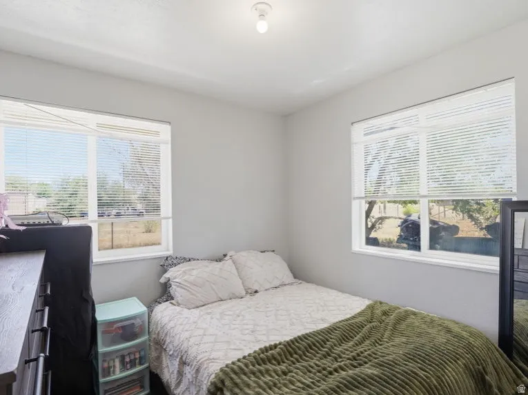 Bright room featuring light gray walls, two windows with horizontal blinds, and a ceiling-mounted light fixture