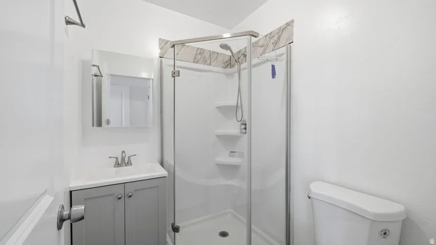Modern bathroom featuring a glass-enclosed shower with a white surround and integrated shelving, a grey vanity with a white countertop and rectangular sink, a wall-mounted mirrored medicine cabinet, and a white toilet