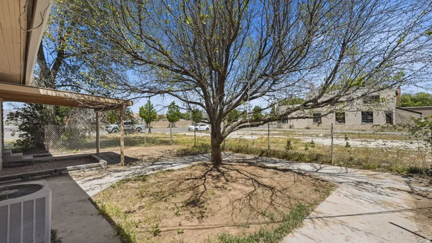 Large mature tree providing shade, concrete pathway, covered patio structure, chain-link fencing, and an exposed aggregate porch