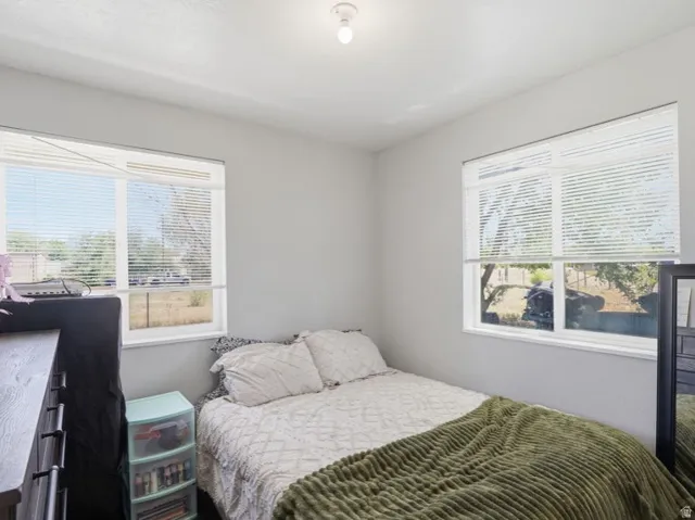 Bright room featuring light gray walls, two windows with horizontal blinds, and a ceiling-mounted light fixture