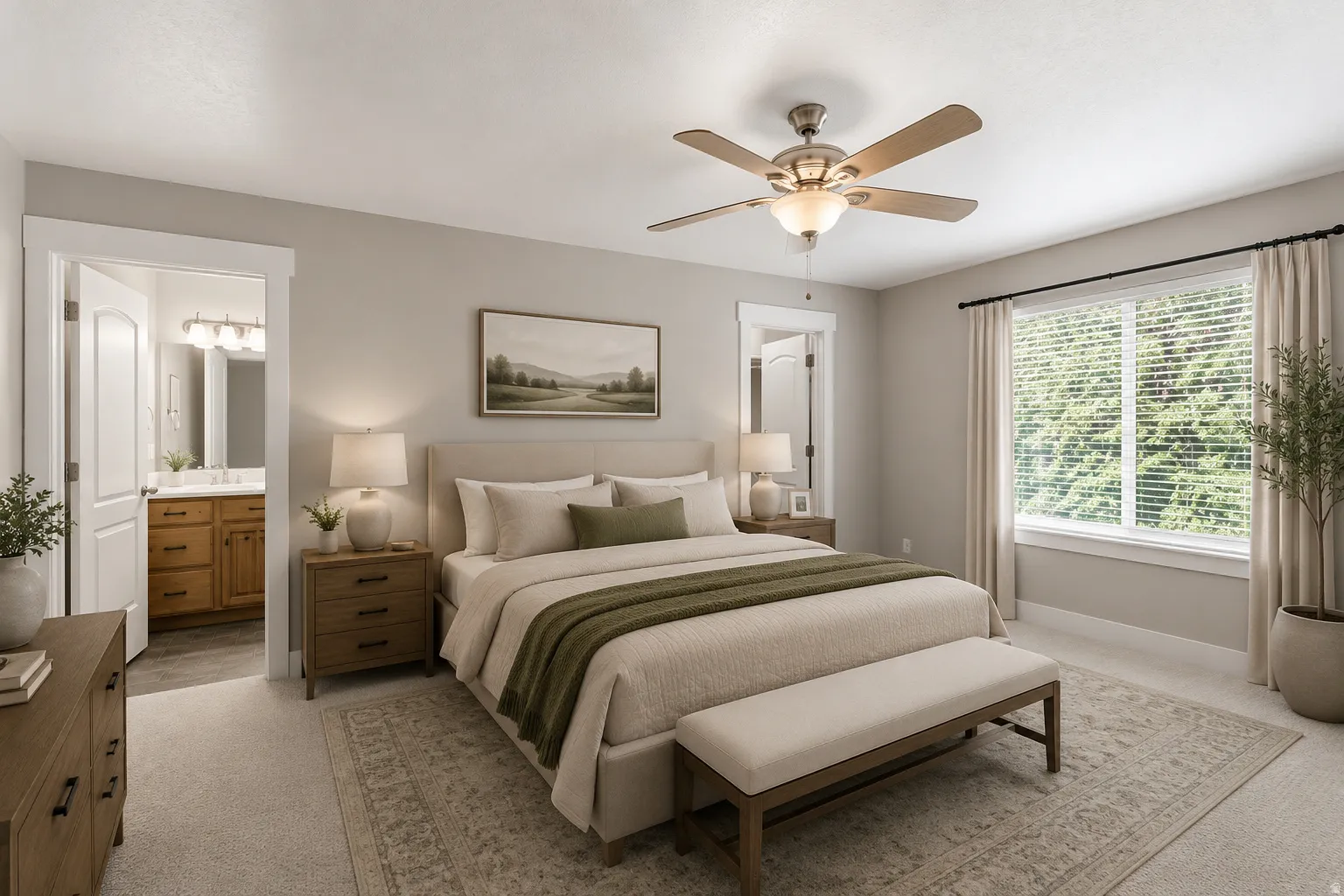 Virtually staged photo. Primary bedroom. Spacious room with a neutral color palette, featuring a large window, ceiling fan, and new carpet