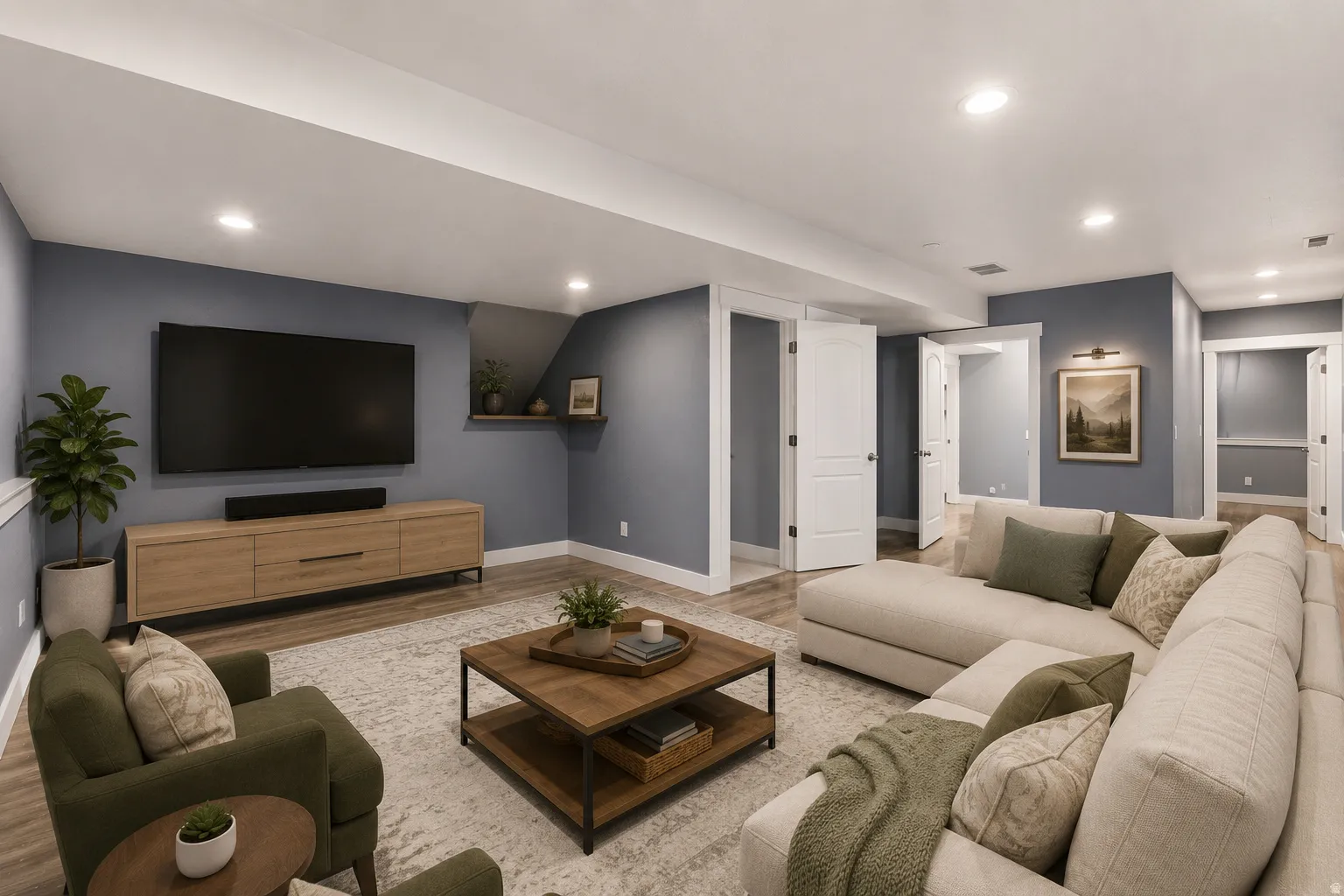 Virtually staged photo. Spacious entertainment area featuring recessed lighting, light wood-finish flooring, white baseboards, and multiple doorways with white trim