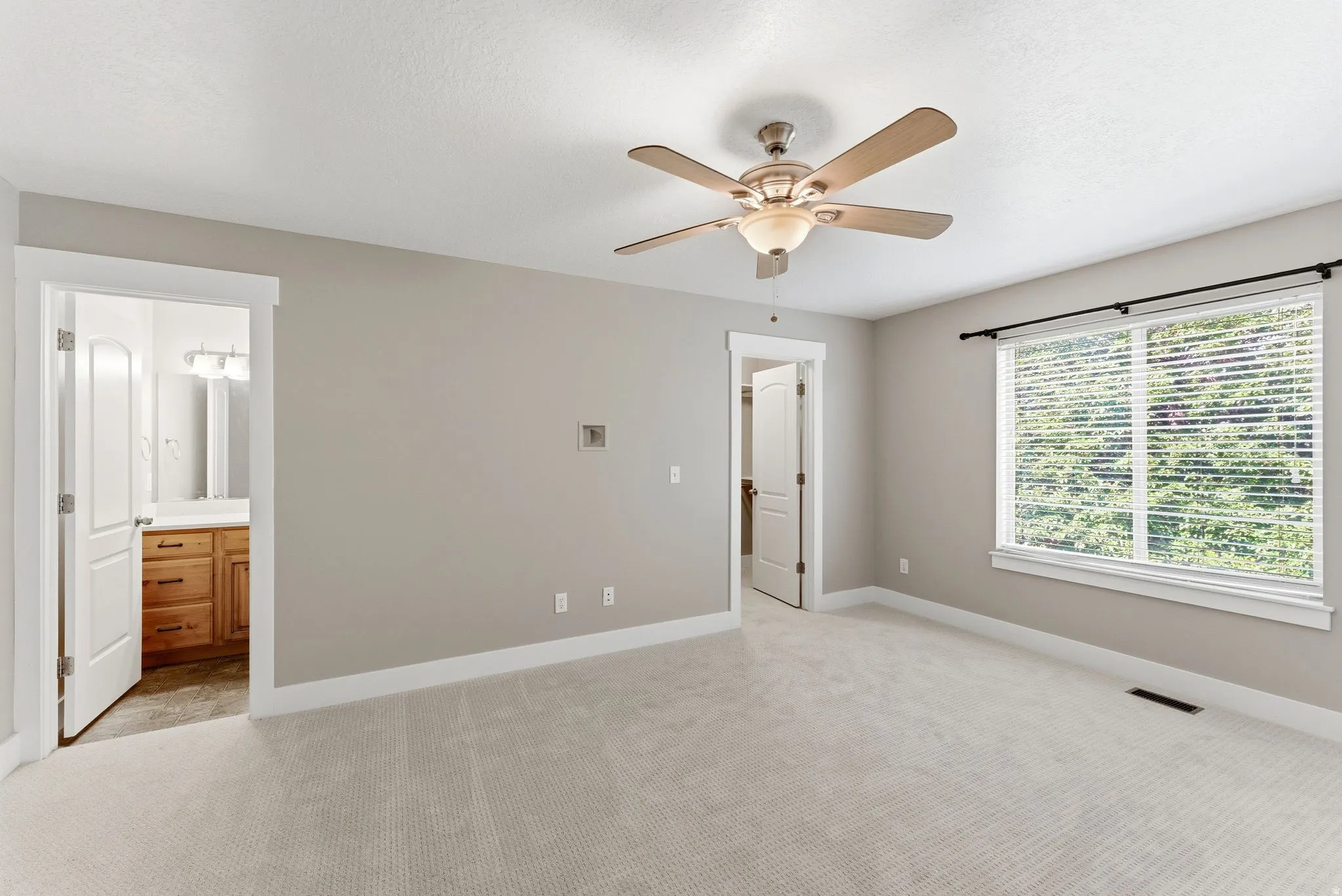 Primary bedroom with walk in closet and primary bathroom