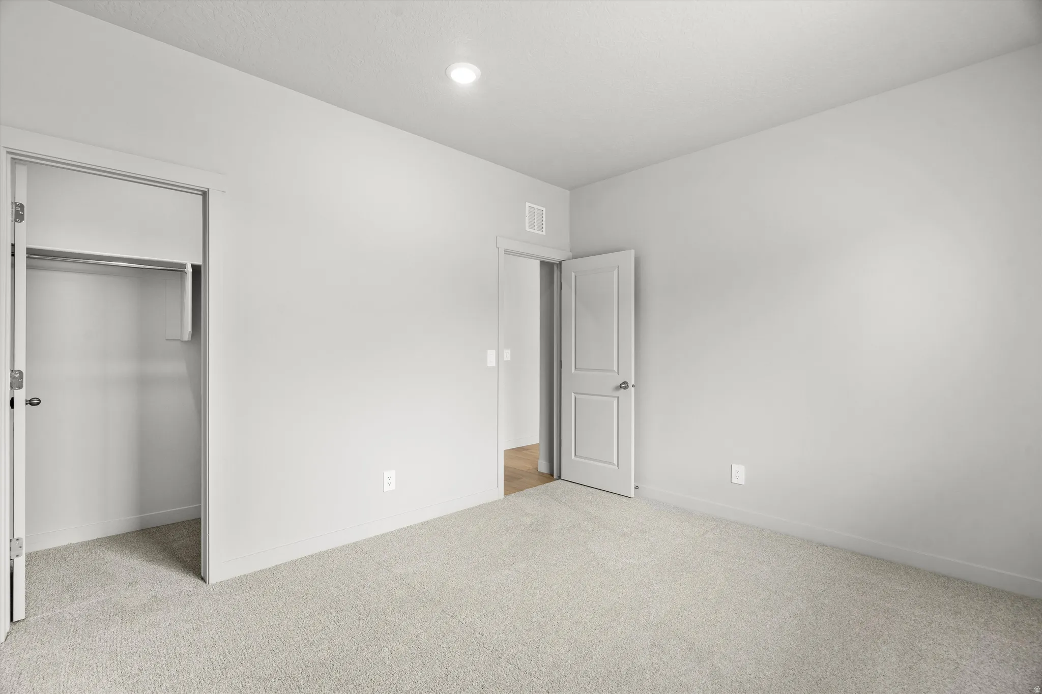 Neutral-toned room featuring light gray walls, plush carpet flooring, a recessed ceiling light, and a built-in closet with a hanging rod