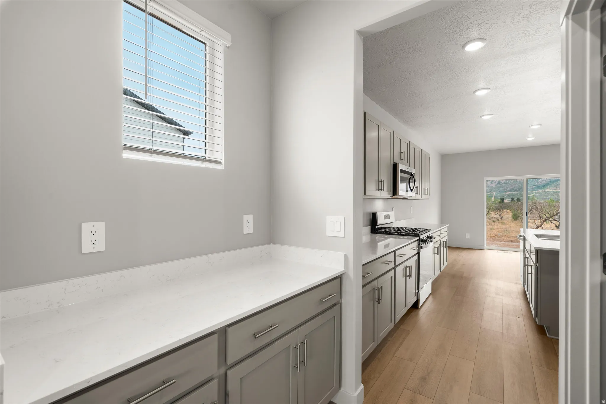 Kitchen featuring light gray cabinetry, white countertops, wood-finish flooring, recessed lighting, and a sliding glass door