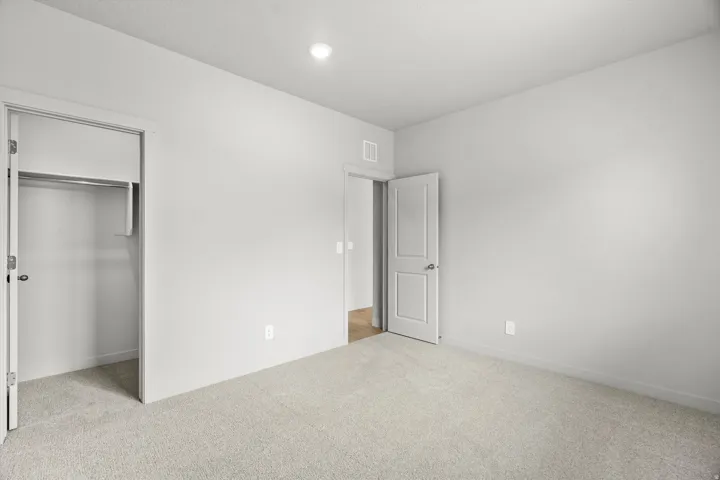 Neutral-toned room featuring light gray walls, plush carpet flooring, a recessed ceiling light, and a built-in closet with a hanging rod