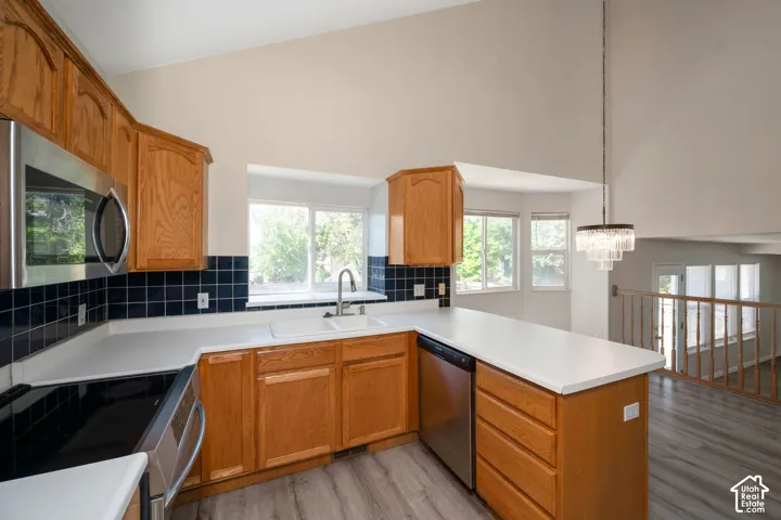 Kitchen featuring wood cabinetry, a double basin sink, stainless steel appliances, and wood-finish flooring