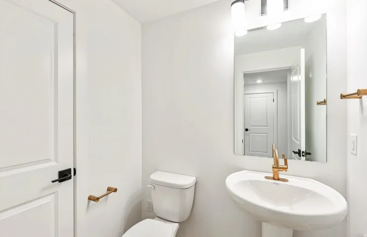 Modern powder room featuring a pedestal sink with a gold-tone faucet, a rectangular vanity mirror, and contemporary light fixture
