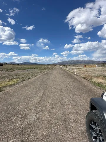 Gravel road extending into the distance, framed by open fields with sparse vegetation