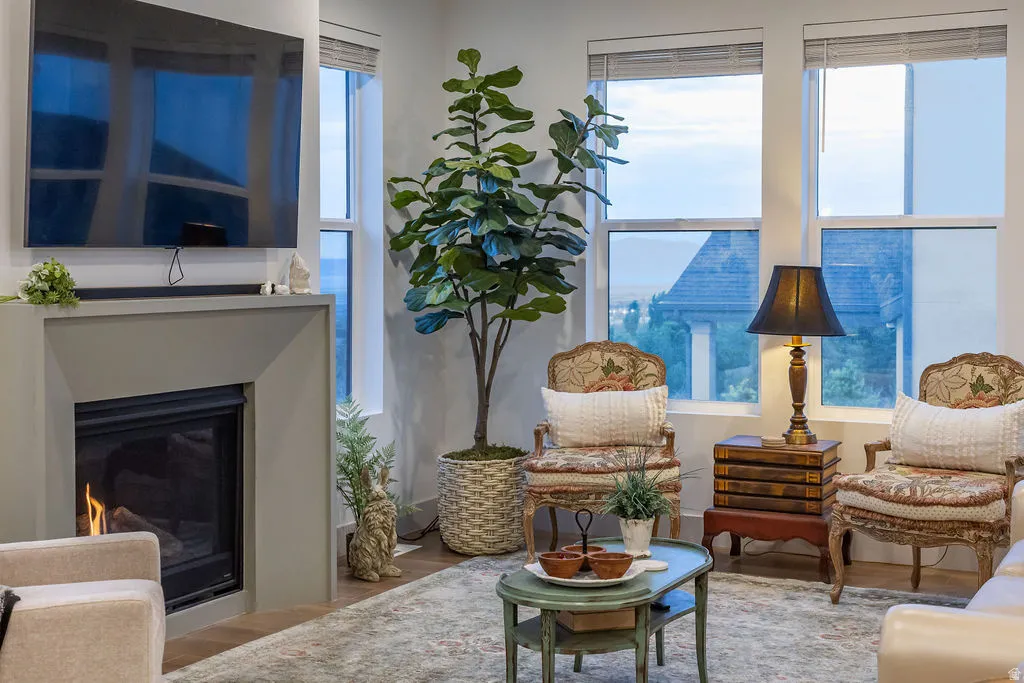Contemporary fireplace with a mounted display
