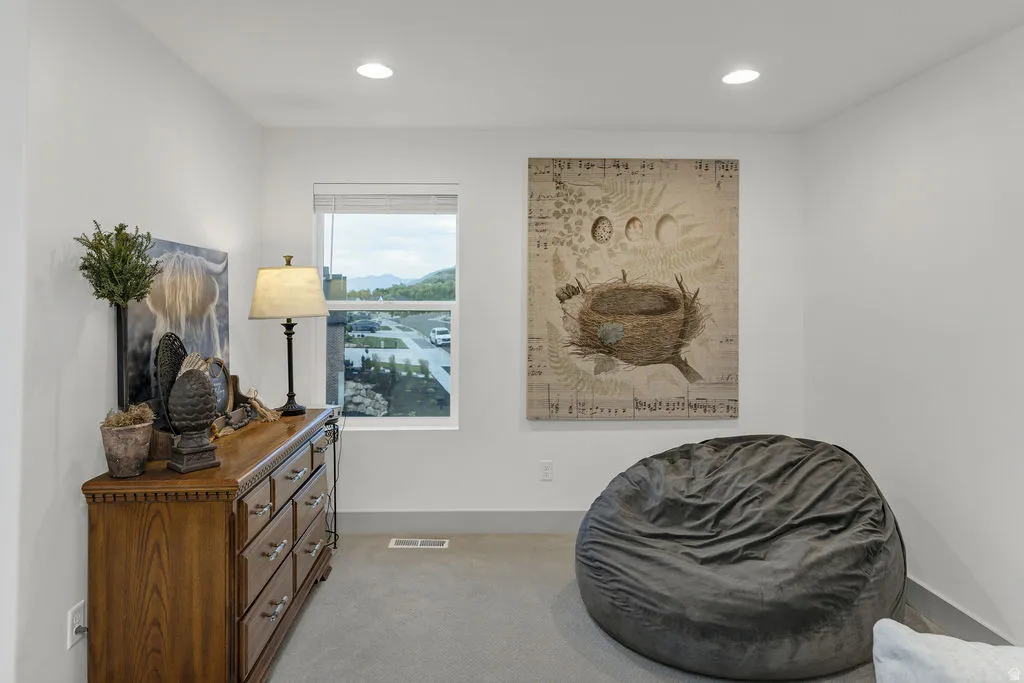 Bright room featuring a single window, recessed lighting, and light gray carpet
