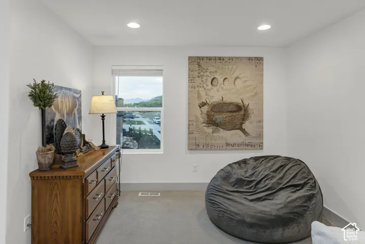 Bright room featuring a single window, recessed lighting, and light gray carpet