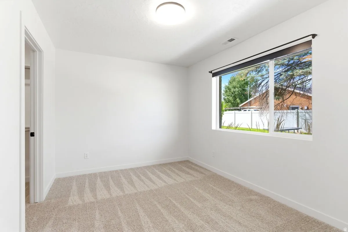 Neutral wall paint, plush carpeting, overhead lighting, and a large window with a roller shade