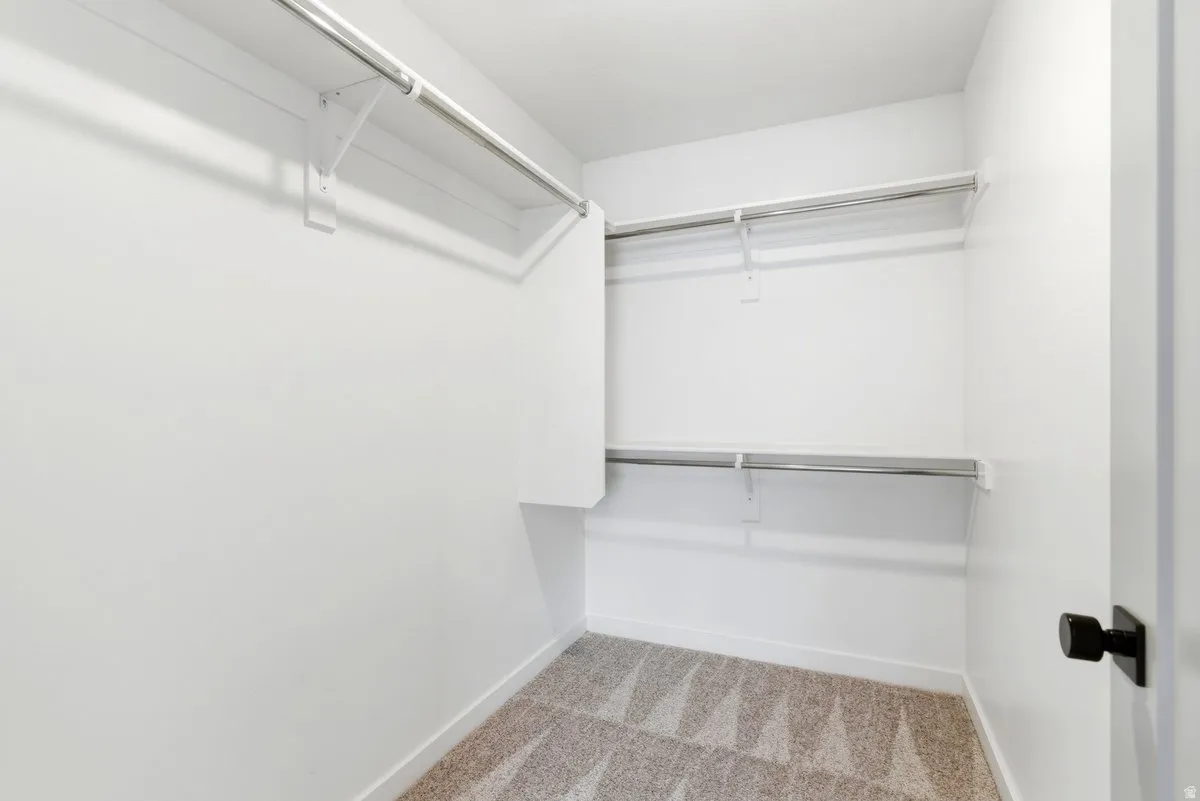 Walk-in closet featuring white walls, light-toned patterned carpet, and multiple built-in shelving units with hanging rods