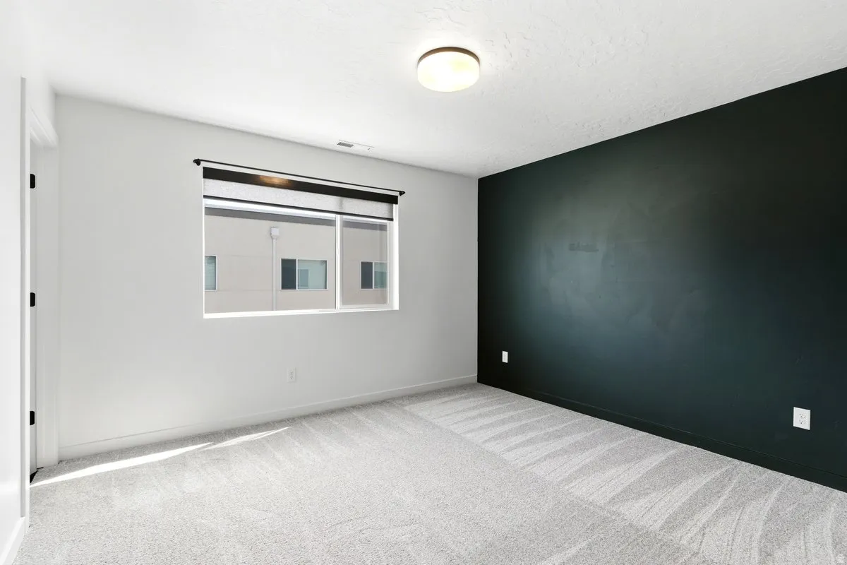 Spacious room featuring light-toned carpet, a contrasting dark accent wall, and a large window with roller shades