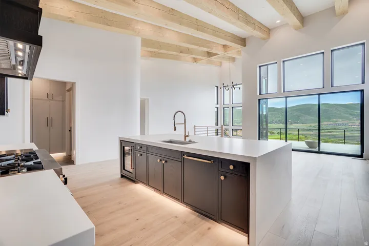 Modern kitchen featuring a large island with integrated sink, dark cabinetry with brass hardware, and a built-in beverage cooler