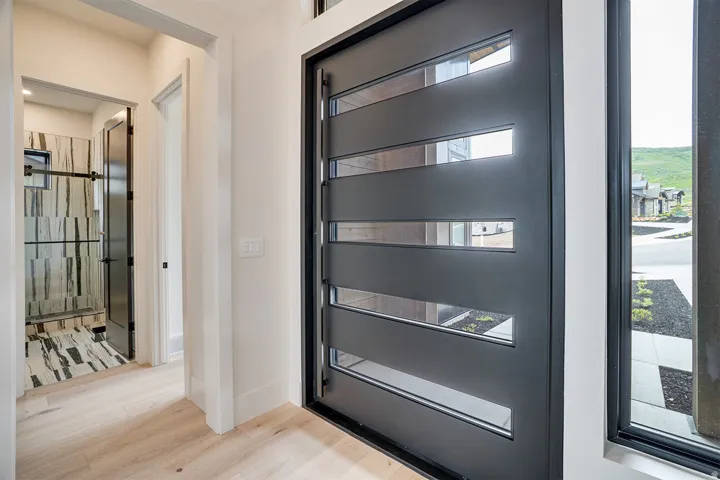 Modern entrance featuring a dark-framed glass door with horizontal window inserts, flanked by a full-height side window