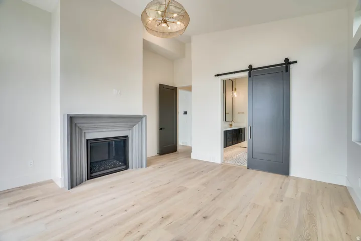 Spacious room featuring wood-finish flooring, a contemporary fireplace with a stone mantel, a ceiling-mounted light fixture, and a dark-paneled barn door accessing an additional space