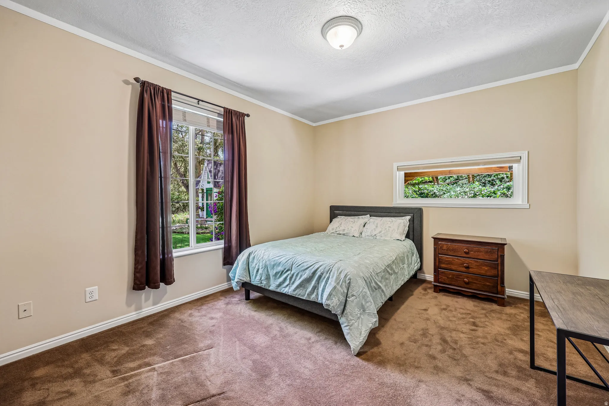 Carpeted room featuring two windows, crown molding, and neutral wall paint