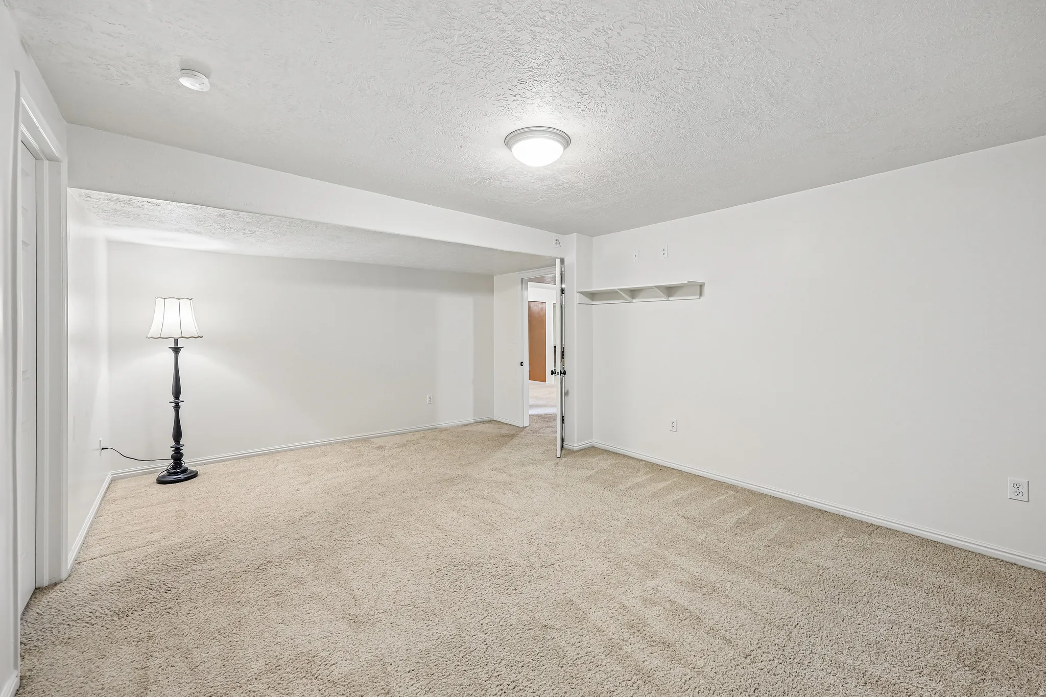 Expansive room featuring light-toned carpet flooring, white walls, and a white ceiling with a flush-mount light fixture