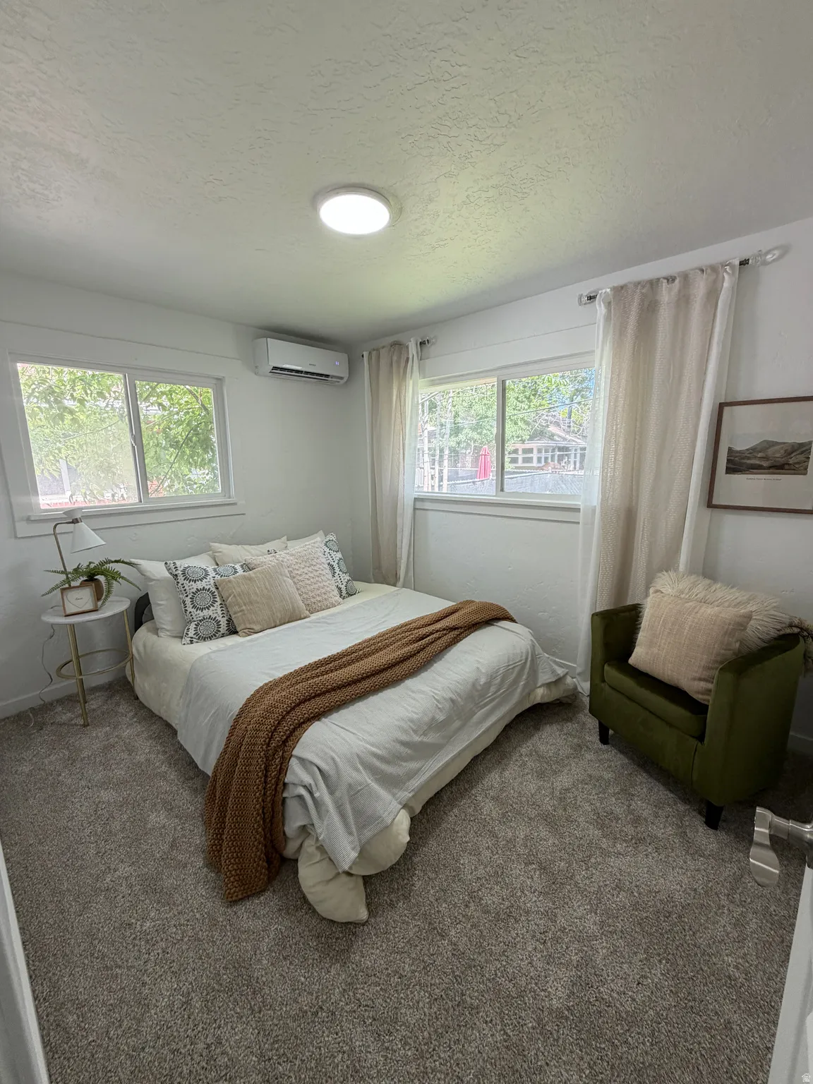 Wall-to-wall carpeting and a ceiling-mounted light fixture define this room