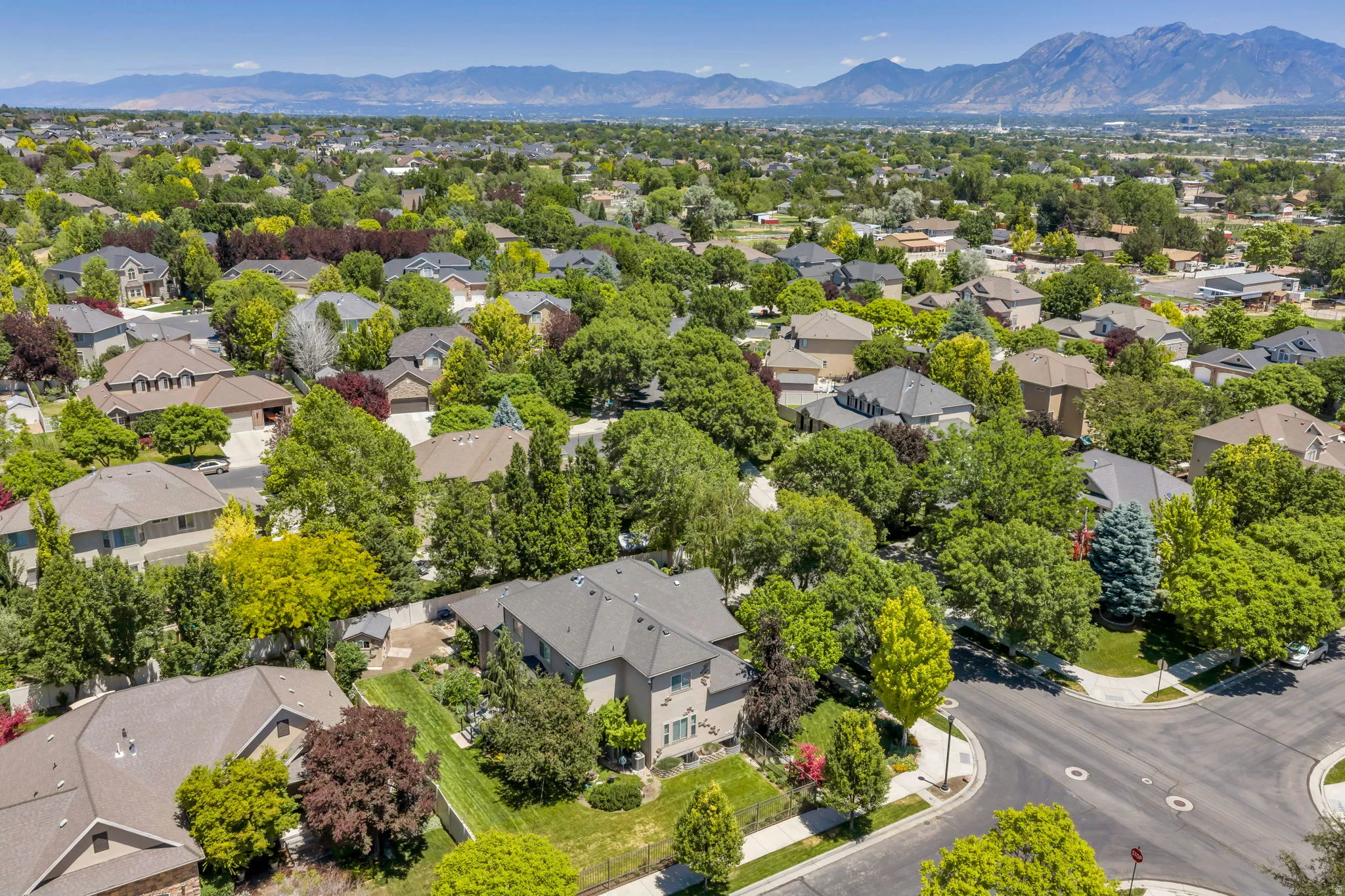 Expansive residential neighborhood featuring numerous mature trees and mountain scenery