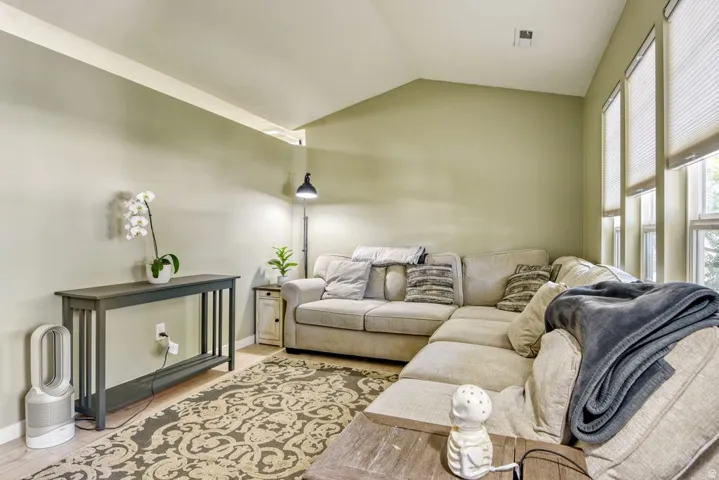 Living area featuring vaulted ceilings, multiple windows with cellular shades, light wood-finish flooring, and a decorative area rug
