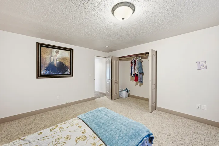 Carpeted bedroom featuring neutral wall tones and a built-in closet with bi-fold doors