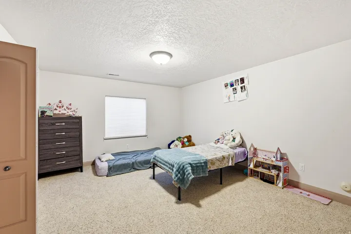 Carpeted room featuring a single window with blinds, a ceiling-mounted light fixture, and a solid door with an arched panel