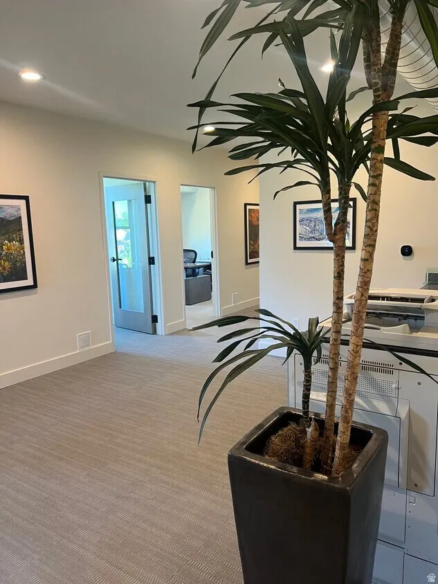 Interior space featuring neutral-toned textured carpeting, recessed ceiling lighting, light-colored walls, and multiple framed doorways with frosted glass panels