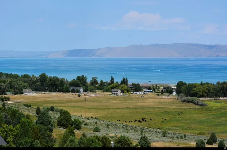 Expansive landscape featuring a large body of water, distant mountains, and a mixture of wooded and open fields