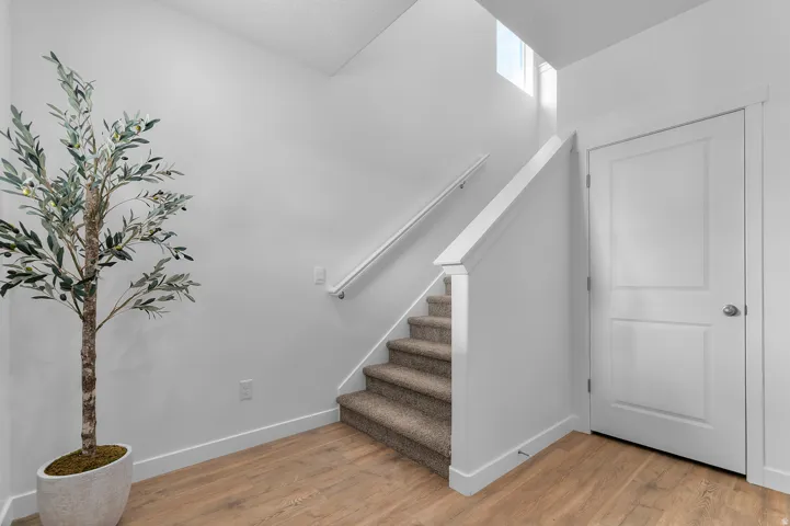 Staircase featuring carpeted treads and a white handrail