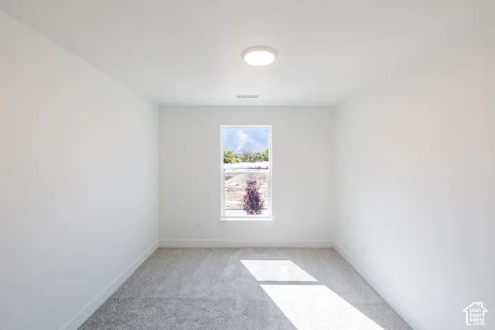 Neutral-toned carpeting, crisp white wall finish, single-pane window with mountain scenery, and flush-mount ceiling light fixture