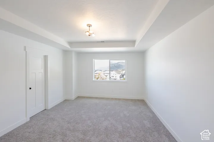 Tray ceiling, carpeted flooring, two-panel interior door, ceiling-mounted light fixture, and window with mountain scenery