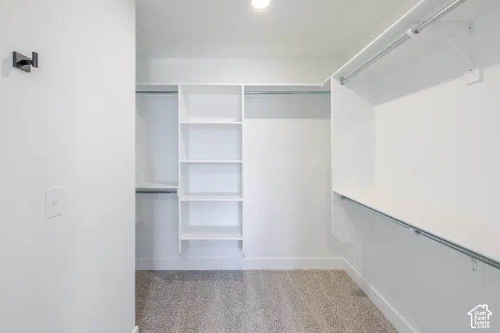 Walk-in closet featuring white built-in shelving, multi-level metal hanging rods, and neutral carpeting
