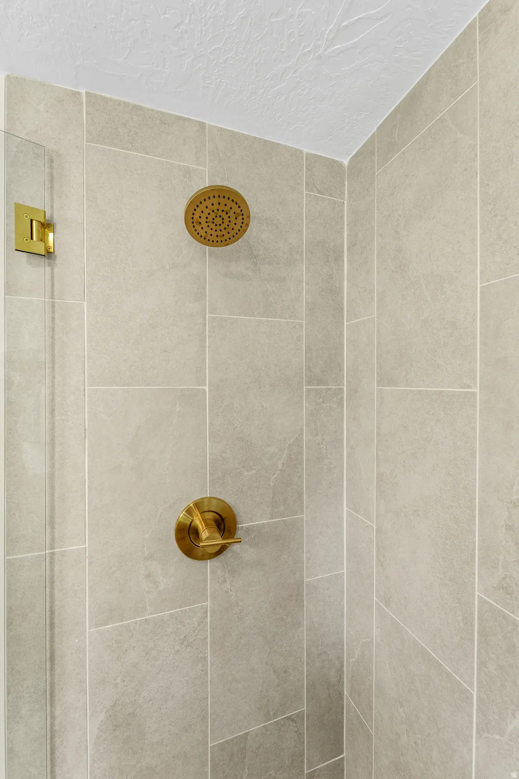 Shower enclosure featuring large format light gray wall tiles, a brushed brass shower head, and a matching brushed brass shower control handle
