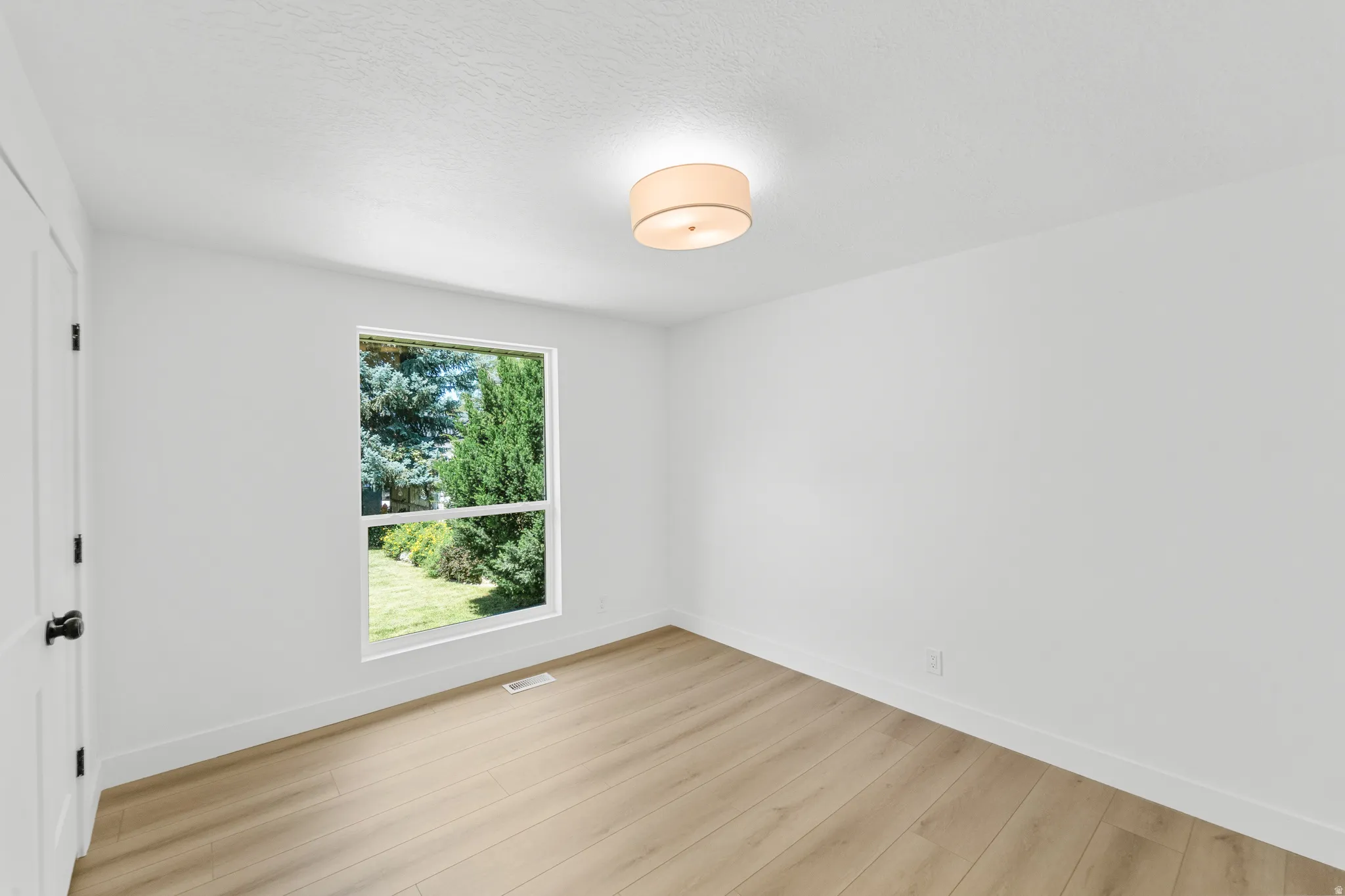 Bright room featuring a large window, light wood-finish flooring, white walls, and a contemporary flush-mount ceiling light