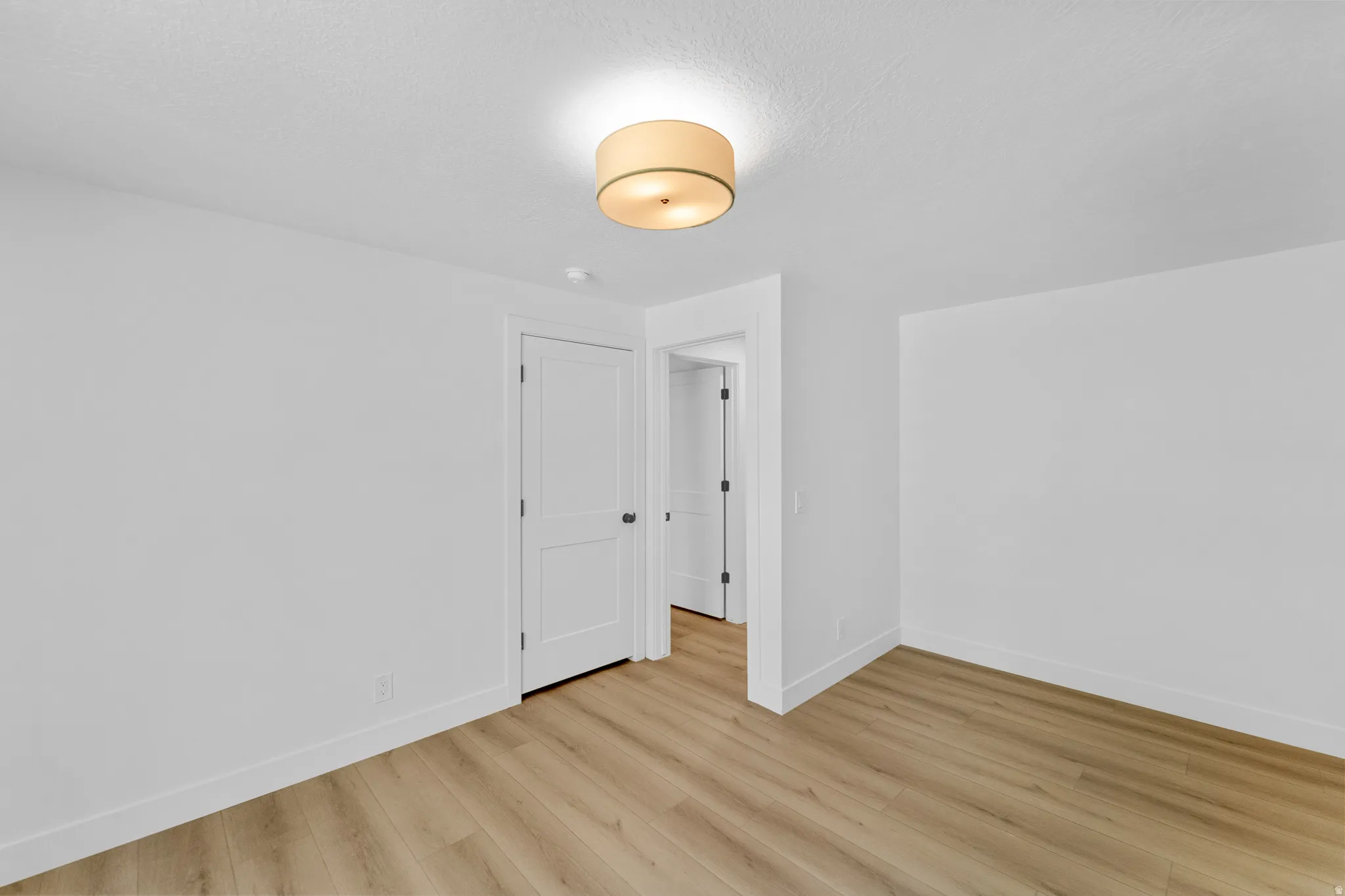 Neutral-toned room featuring light wood-finish flooring, white walls, and a contemporary flush-mount ceiling light
