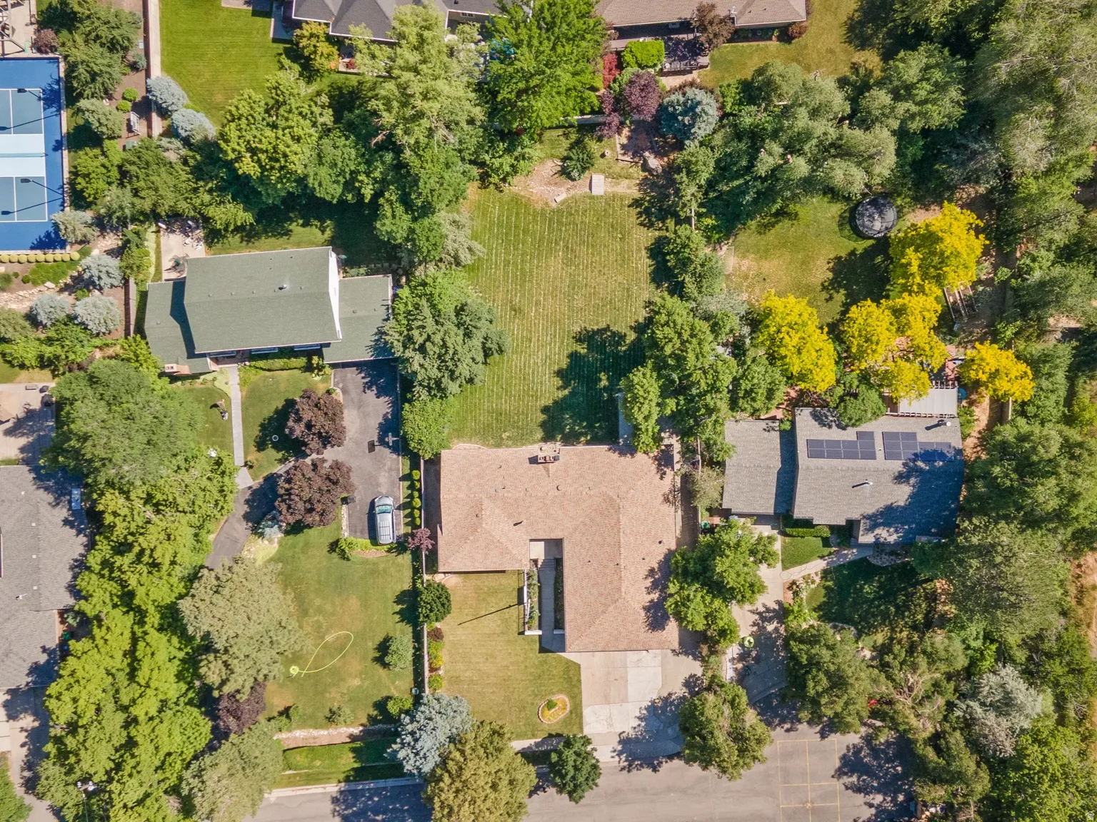 Expansive residential property featuring mature trees and a manicured lawn