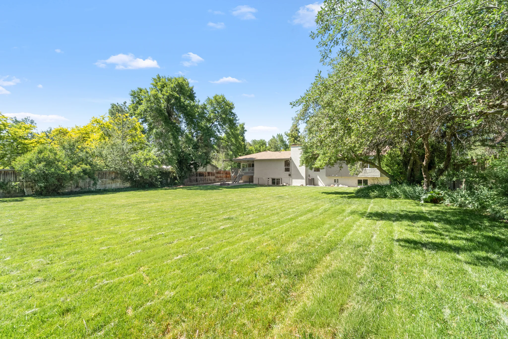 Expansive green lawn with mature trees and a partial exterior view of the property