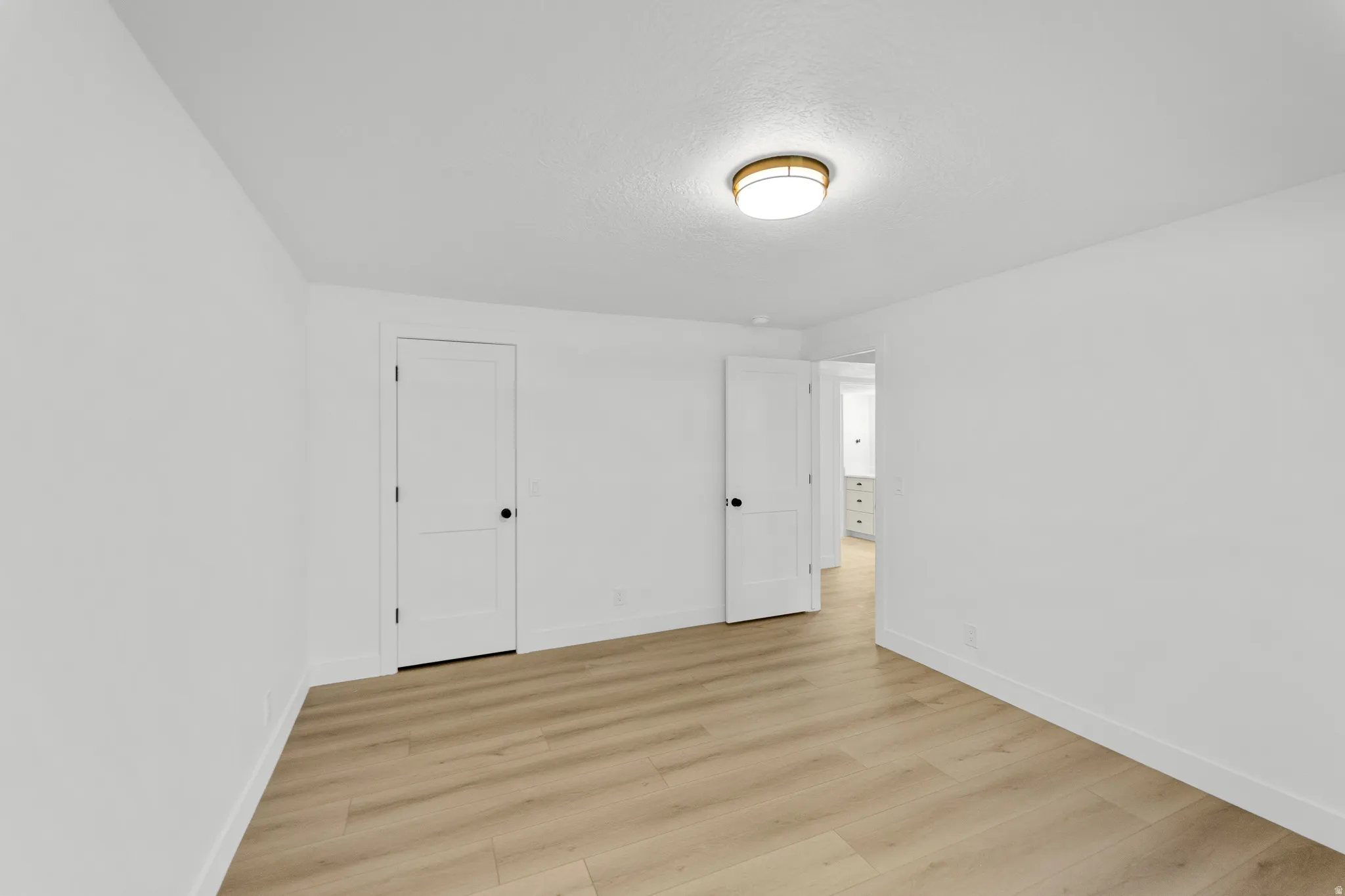 Room featuring wood-finish flooring, white walls, and a contemporary ceiling light fixture