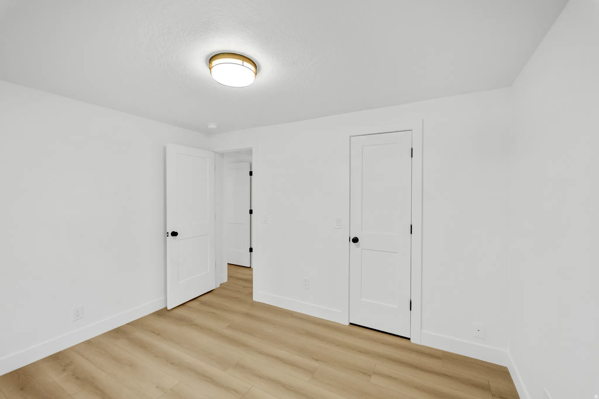Room featuring light wood-finish flooring, crisp white walls, and a contemporary ceiling light fixture