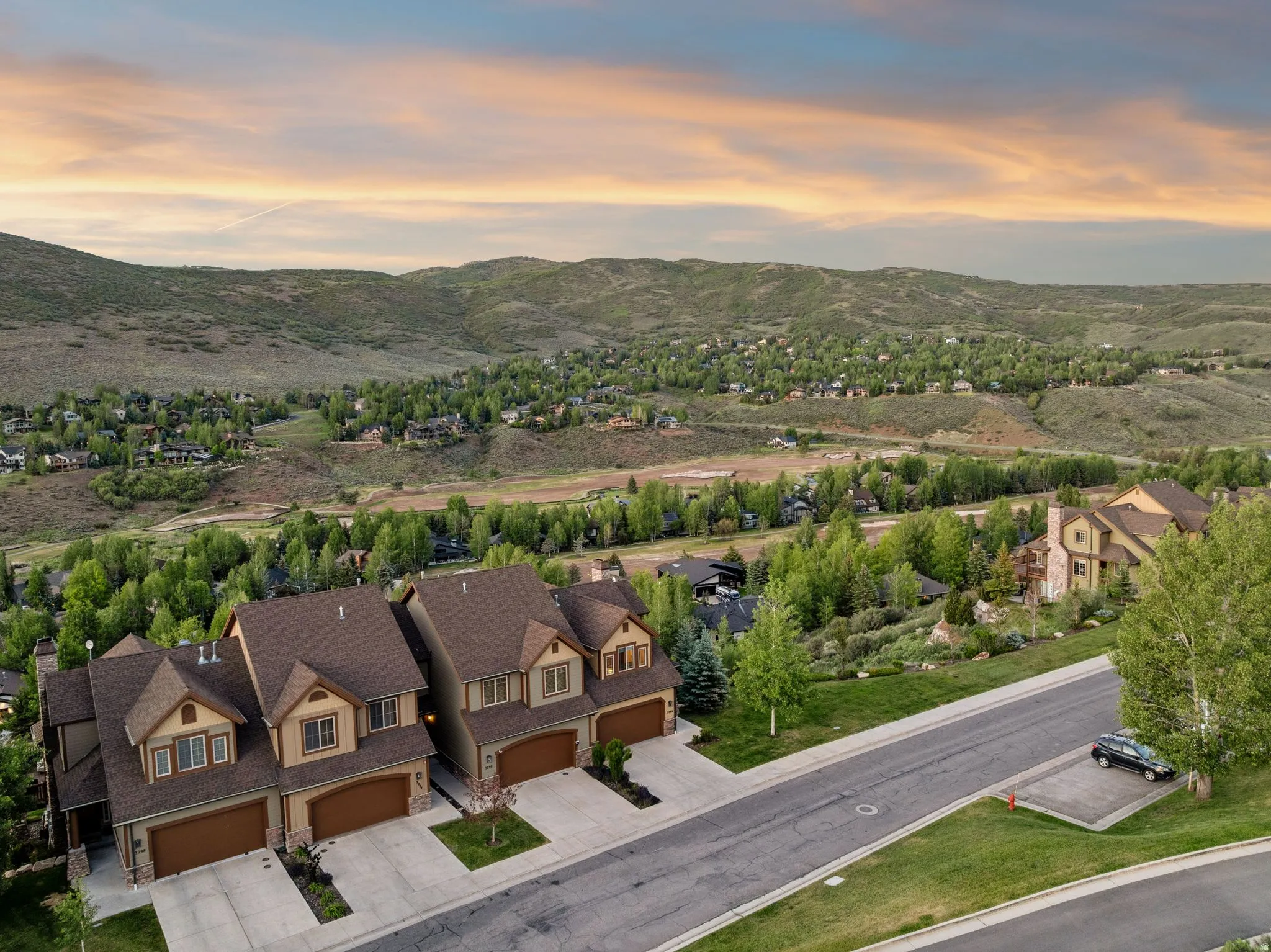 Modern townhome residences featuring multi-car garages, concrete driveways, gabled roofs, and an elevated position within a residential community