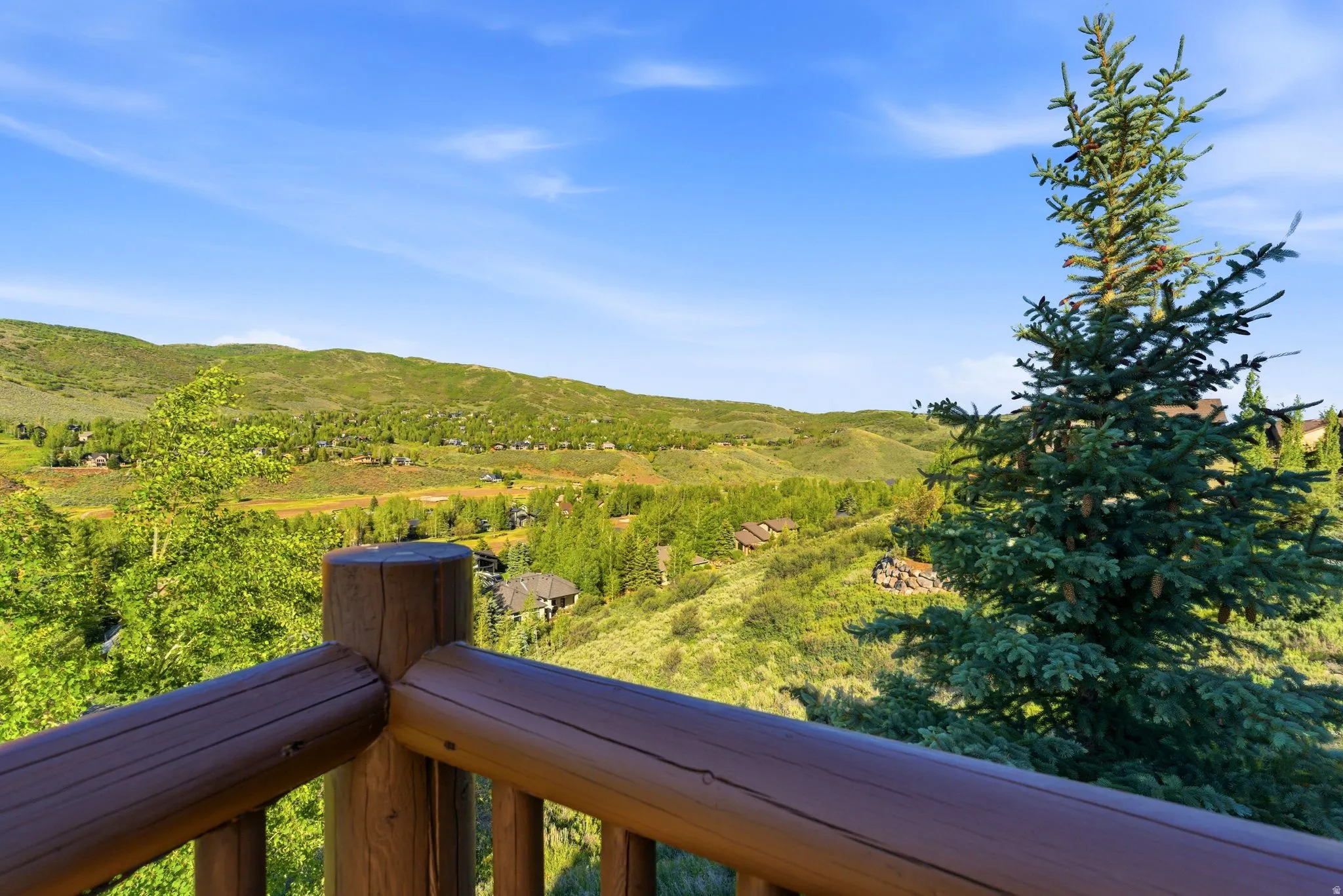 Expansive outdoor deck featuring log-style railings