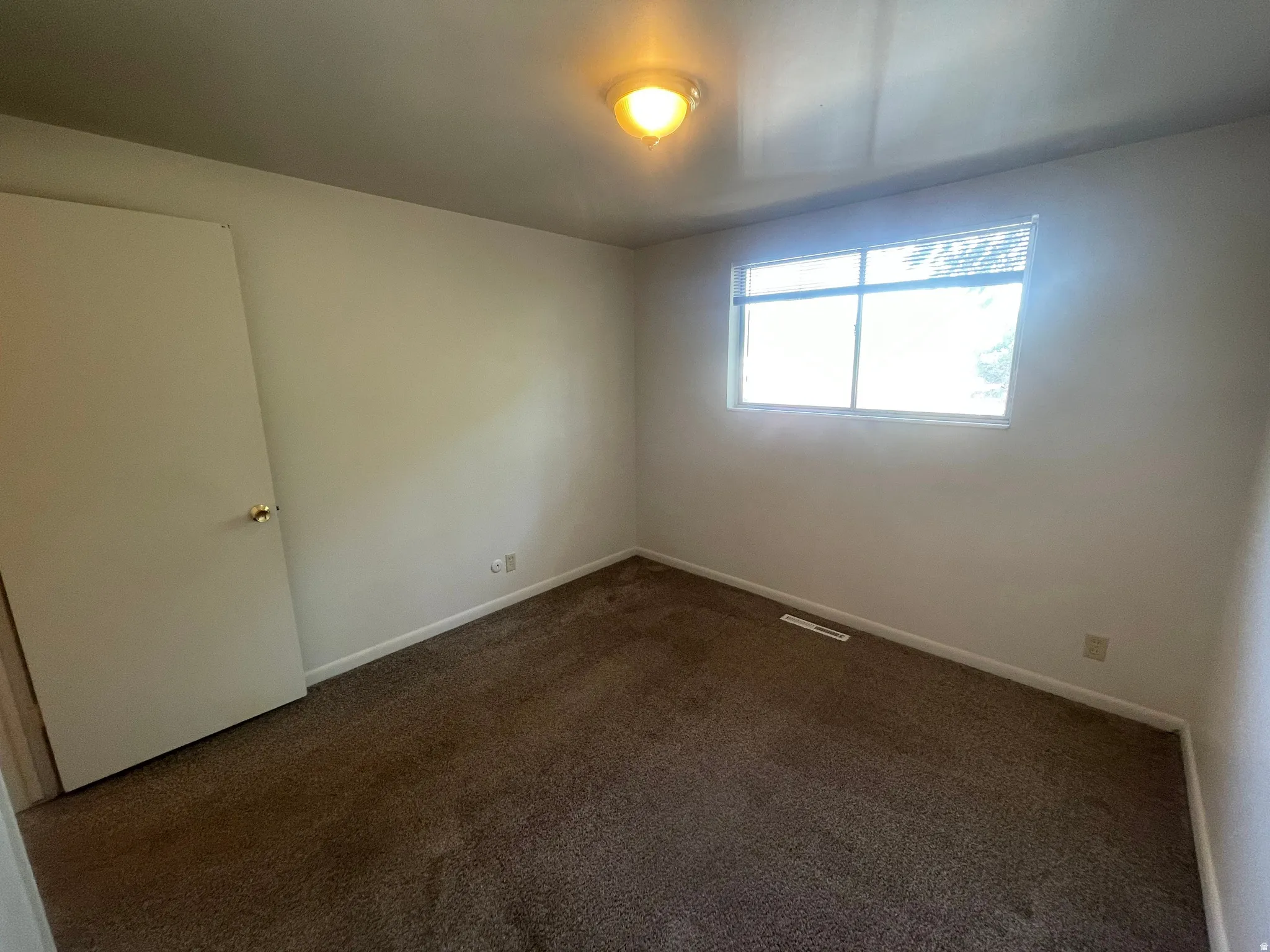Neutral-toned walls complement the brown carpeted flooring