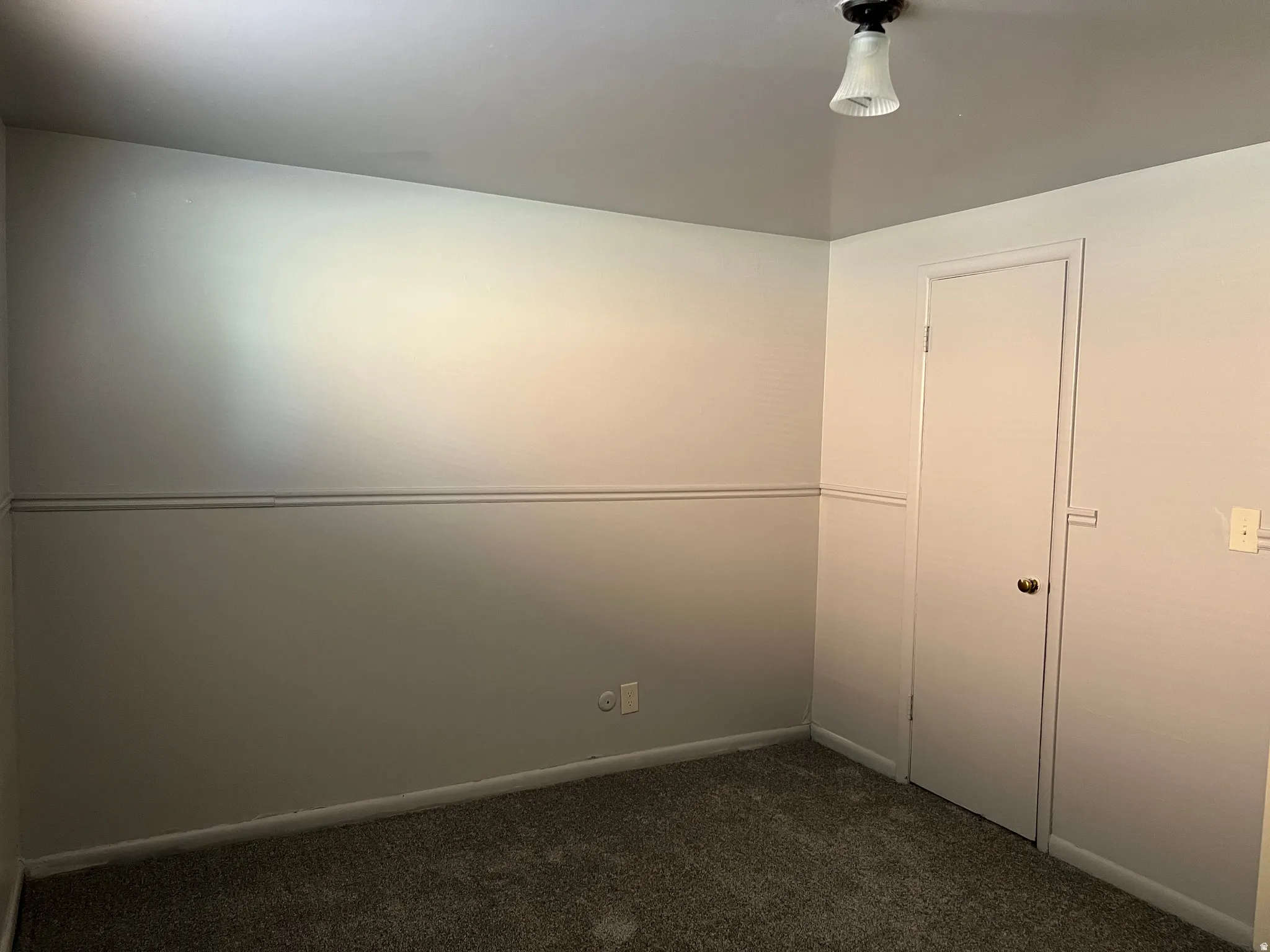 Room featuring neutral-toned walls with a chair rail, gray carpeting, a white door, and a ceiling-mounted light fixture