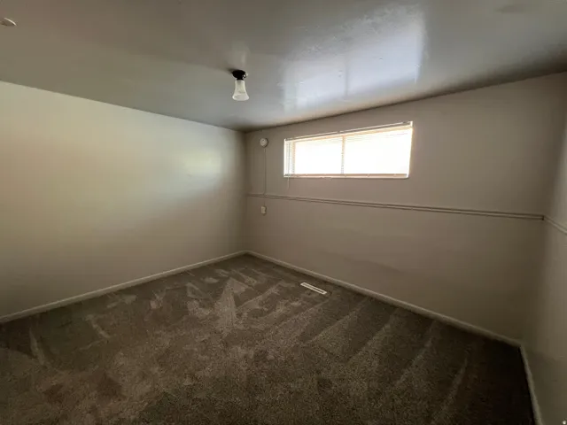 Carpeted room featuring a window with horizontal blinds, a ceiling-mounted light fixture, and neutral-toned walls