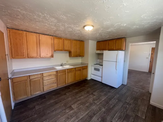 Kitchen featuring wood-finish flooring, light-toned wood cabinetry, dual basin sink, and white appliances