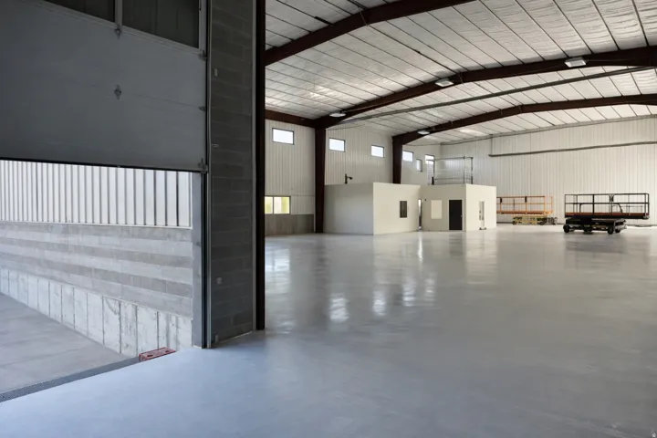 Spacious industrial interior featuring a large roll-up door, polished concrete flooring, exposed steel beams, and high ceilings with fluorescent lighting