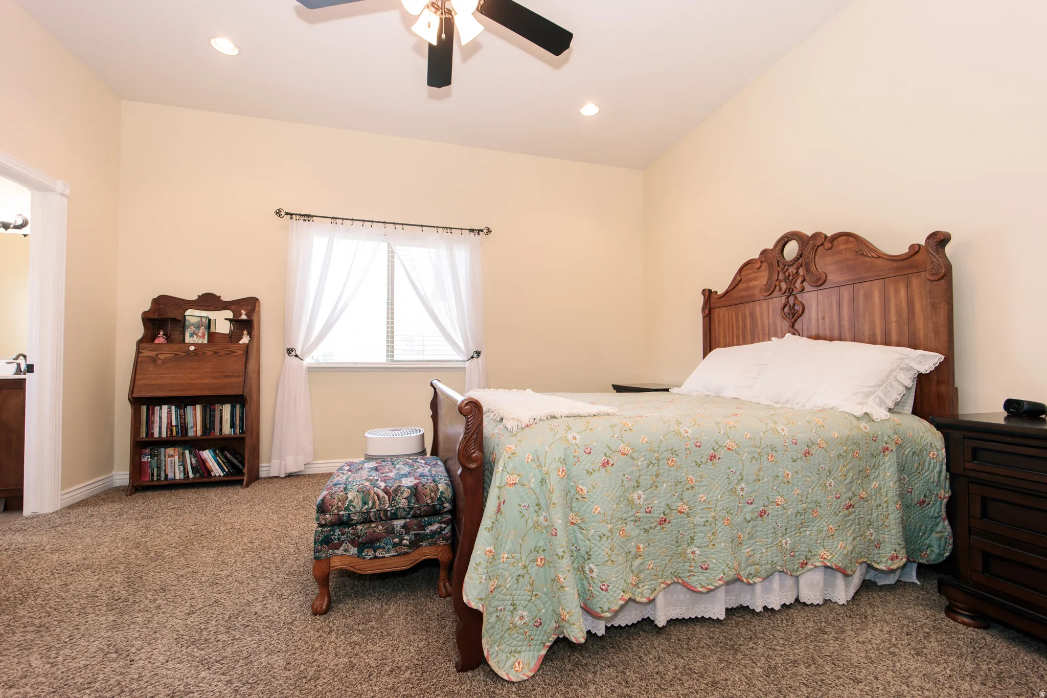 Master Bedroom, carpeted room featuring a ceiling fan with integrated lighting, recessed lighting, and a window with white blinds